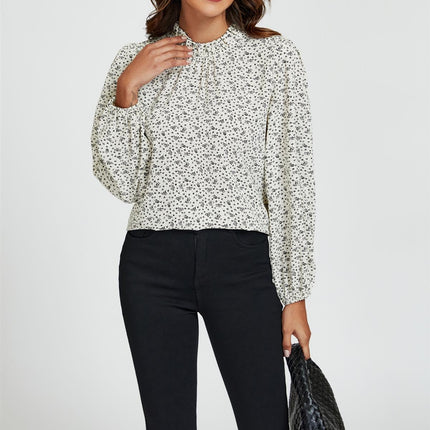 Little Floral Print Frill Detail High Neck Top In White