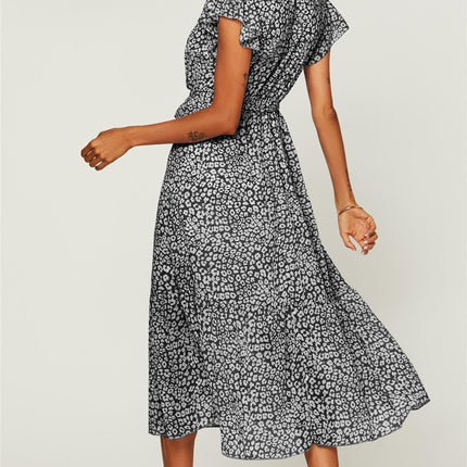 Ruffled Angel Sleeve Wrap Dress In Black Leopard Print