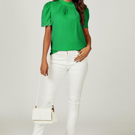 Lace Trim Detail Short Sleeve High Neck Blouse Top In Green