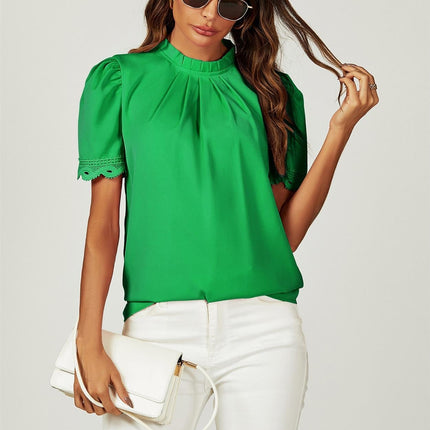 Lace Trim Detail Short Sleeve High Neck Blouse Top In Green