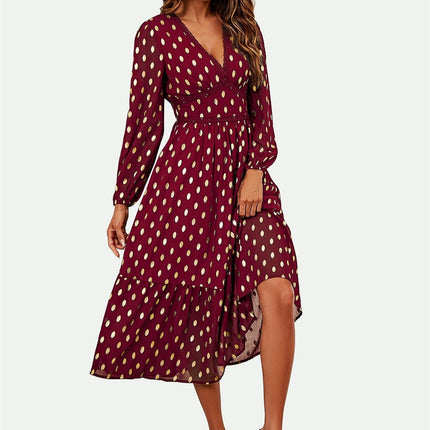 Lace Trim Foil Long Sleeve Maxi Dress In Wine
