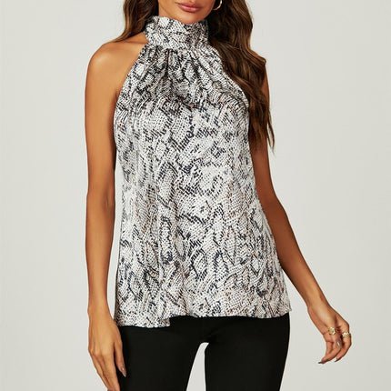 Satin Snake Print Halter Neck Tie Back Top In Silver Grey