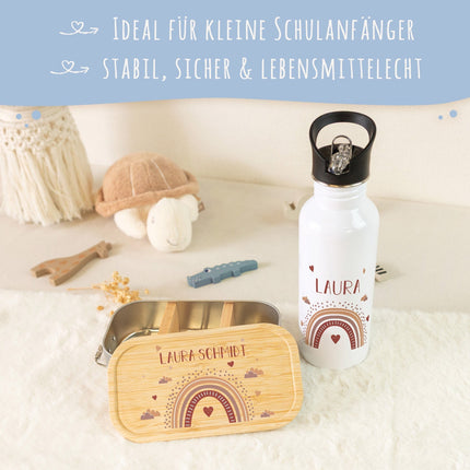SEO. Bedruckte Brotdose & Trinkflasche im Set - Regenbogen - Rot Linkreich