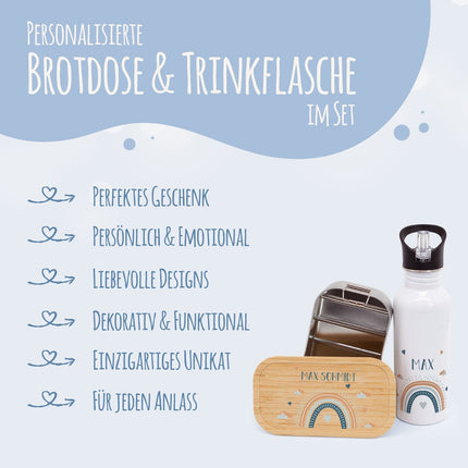 SEO. Bedruckte Brotdose & Trinkflasche im Set - Regenbogen - Blau Linkreich