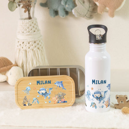 SEO. Bedruckte Brotdose & Trinkflasche im Set - Taucher - Linkreich