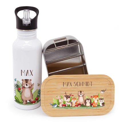 SEO. Bedruckte Brotdose & Trinkflasche im Set - Tiergruppe - Wald Linkreich