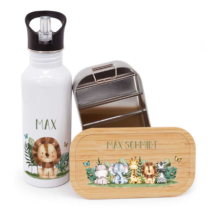 SEO. Bedruckte Brotdose & Trinkflasche im Set - Tiergruppe - Safari Linkreich