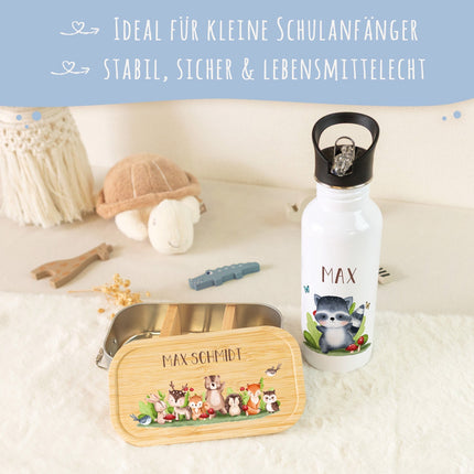 SEO. Bedruckte Brotdose & Trinkflasche im Set - Tiergruppe - Wald Linkreich