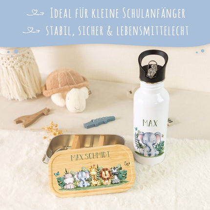 SEO. Bedruckte Brotdose & Trinkflasche im Set - Tiergruppe - Safari Linkreich