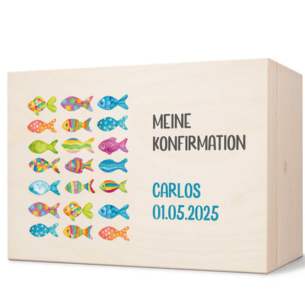 SEO. Bedruckte Erinnerungskiste zur Kommunion & Konfirmation - Bunte Fische - Linkreich