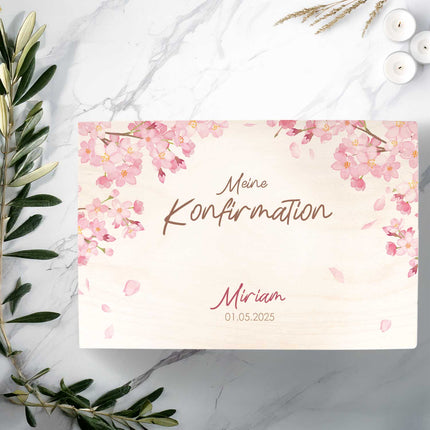 SEO. Bedruckte Erinnerungskiste zur Kommunion & Konfirmation - Kirschblüten - Linkreich
