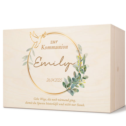 SEO. Bedruckte Erinnerungskiste zur Kommunion & Konfirmation - Taube Gold - Linkreich