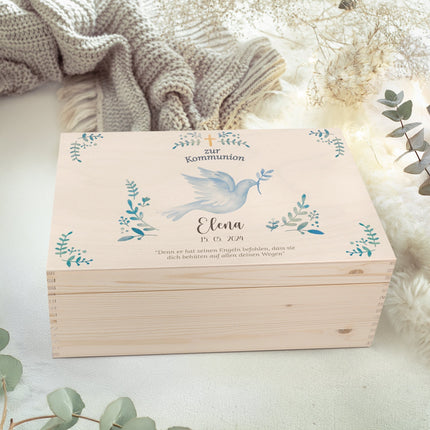 SEO. Bedruckte Erinnerungskiste zur Kommunion & Konfirmation - Taube Konfirmation - Linkreich