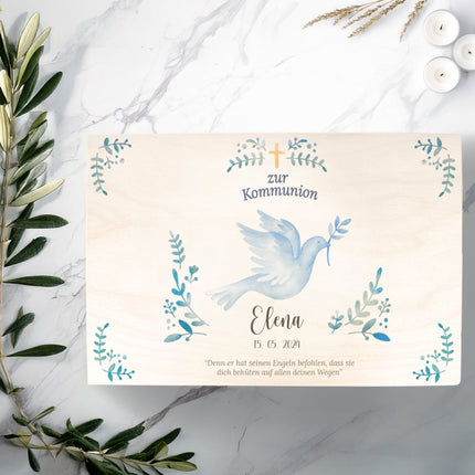 SEO. Bedruckte Erinnerungskiste zur Kommunion & Konfirmation - Taube Konfirmation - Linkreich