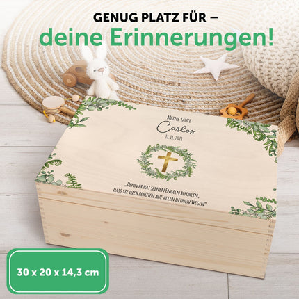 SEO. Bedruckte Erinnerungskiste zur Taufe - Kranz - Kreuz Linkreich