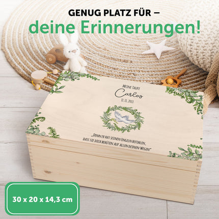 SEO. Bedruckte Erinnerungskiste zur Taufe - Kranz - Taube Linkreich