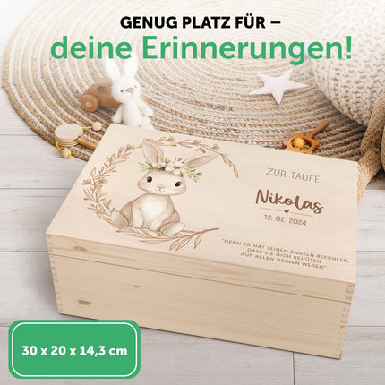 SEO. Bedruckte Erinnerungskiste zur Taufe - Tiere - Hase Linkreich