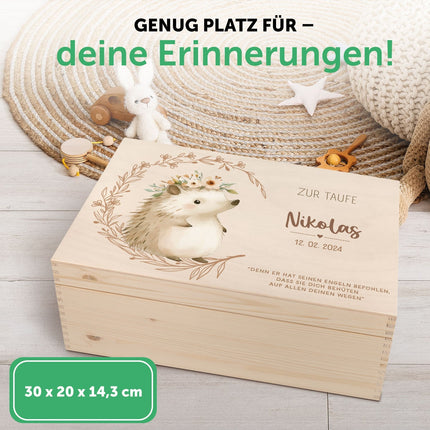 SEO. Bedruckte Erinnerungskiste zur Taufe - Tiere - Igel Linkreich