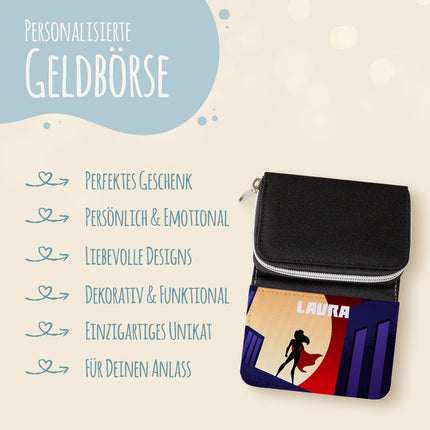 SEO. Bedruckte Geldbörse für Kinder im Superheld Silhouette Design - Heldin Linkreich