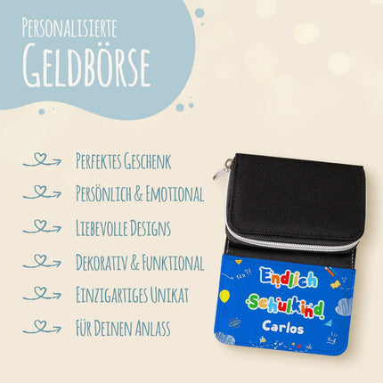 SEO. Bedruckte Geldbörse zur Einschulung - Endlich Schulkind - Blau Linkreich