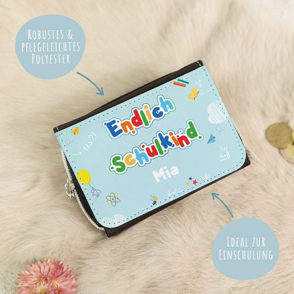 SEO. Bedruckte Geldbörse zur Einschulung - Endlich Schulkind - Himmelblau Linkreich