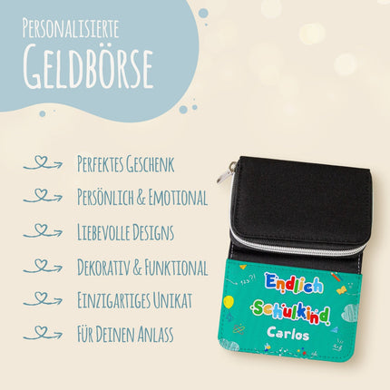 SEO. Bedruckte Geldbörse zur Einschulung - Endlich Schulkind - Grün Linkreich