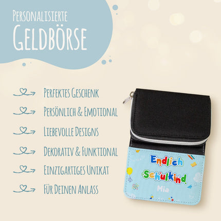 SEO. Bedruckte Geldbörse zur Einschulung - Endlich Schulkind - Himmelblau Linkreich