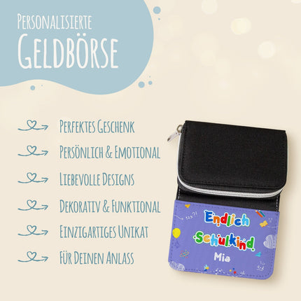 SEO. Bedruckte Geldbörse zur Einschulung - Endlich Schulkind - Lila Linkreich