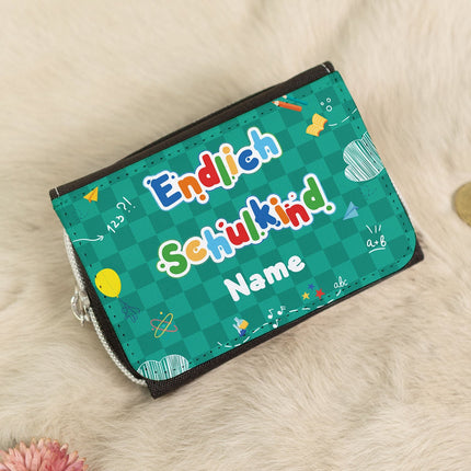 SEO. Bedruckte Geldbörse zur Einschulung - Endlich Schulkind - Grün Karo Linkreich