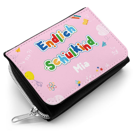 SEO. Bedruckte Geldbörse zur Einschulung - Endlich Schulkind - Rosa Linkreich