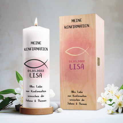 SEO. Bedruckte große Kerze "Konfirmation/Kommunion Fisch" mit Namen - Rosa mit Kiste Linkreich