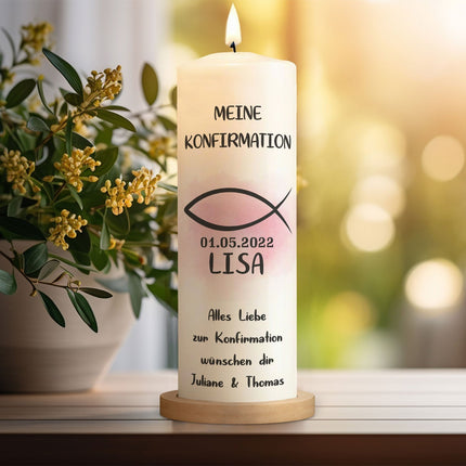 SEO. Bedruckte große Kerze "Konfirmation/Kommunion Fisch" mit Namen - Rosa mit Kiste Linkreich