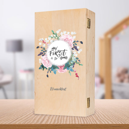 SEO. Bedruckte Holzkiste für Kinder - im My first Year Design - kleine Kiste UV Linkreich