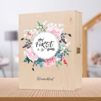 SEO. Bedruckte Holzkiste für Kinder - im My first Year Design - kleine Kiste UV Linkreich