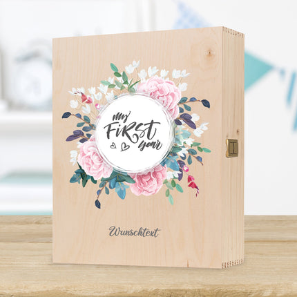 SEO. Bedruckte Holzkiste für Kinder - im My first Year Design - Große Kiste UV Linkreich
