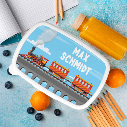 SEO. Bedruckte Lunchbox für Kinder - Dampflock - Blau Linkreich