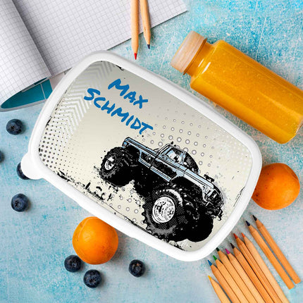 SEO. Bedruckte Lunchbox für Kinder - Monstertruck - Blau Linkreich