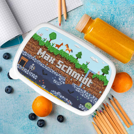 SEO. Bedruckte Lunchbox für Kinder - Pixelerde - Blau Linkreich