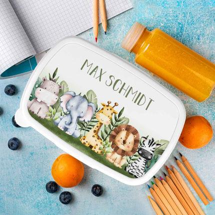 SEO. Bedruckte Lunchbox für Kinder - Tiergruppe Safari - Blau Linkreich