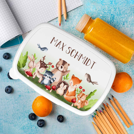 SEO. Bedruckte Lunchbox für Kinder - Tiergruppe Waldtiere - Blau Linkreich
