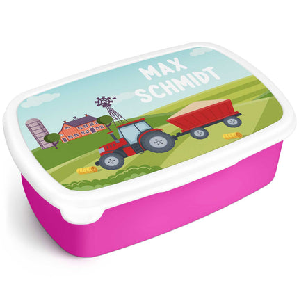 SEO. Bedruckte Lunchbox für Kinder - Traktor - Pink Linkreich