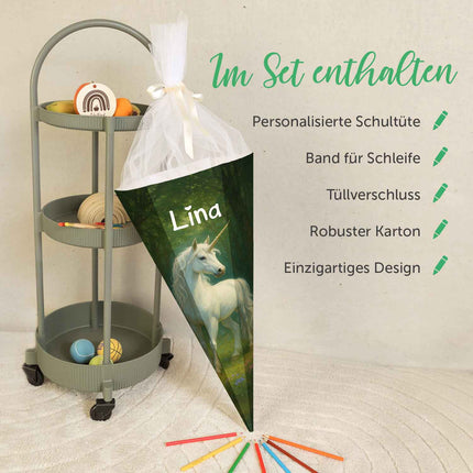 SEO. Bedruckte Schultüte mit Namen - Einhorn Wald - Linkreich