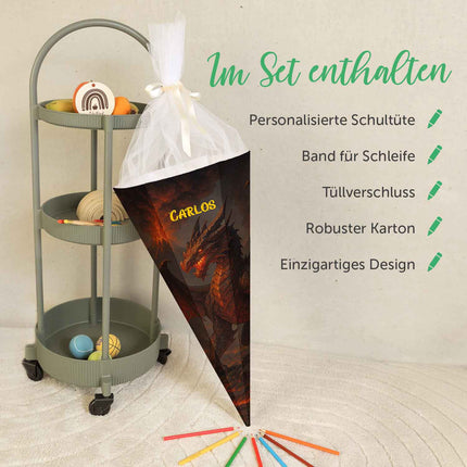 SEO. Bedruckte Schultüte mit Namen - Feuerdrache - Linkreich