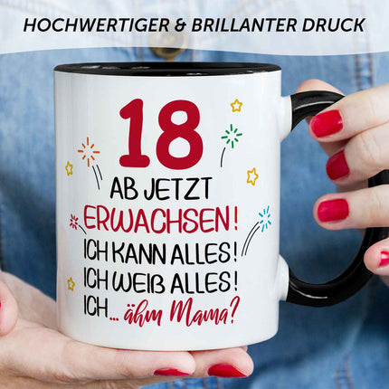 SEO. Bedruckte Tasse - Ab jetzt erwachsen 18 - Schwarz & Weiß Linkreich