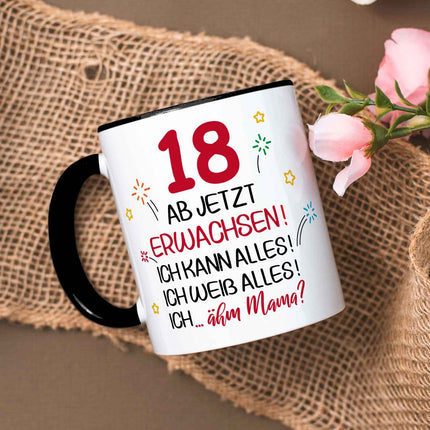 SEO. Bedruckte Tasse - Ab jetzt erwachsen 18 - Schwarz & Weiß Linkreich