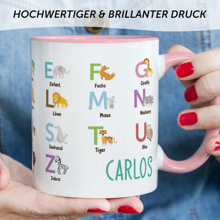 SEO. Bedruckte Tasse - ABC Tiere - Geschenk zur Einschulung - Orange Linkreich