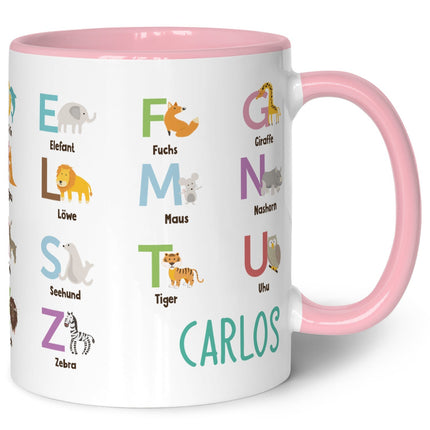 SEO. Bedruckte Tasse - ABC Tiere - Geschenk zur Einschulung - Rosa Linkreich