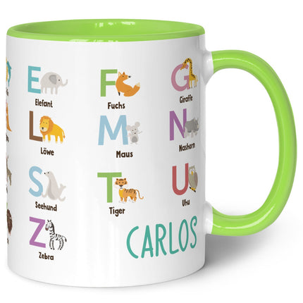 SEO. Bedruckte Tasse - ABC Tiere - Geschenk zur Einschulung - Hellgrün Linkreich