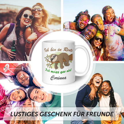 SEO. Bedruckte Tasse Faultier in Rente - Personalisiert mit Name - Weiß Linkreich