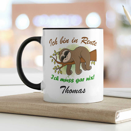 SEO. Bedruckte Tasse Faultier in Rente - Personalisiert mit Name - Weiß Linkreich